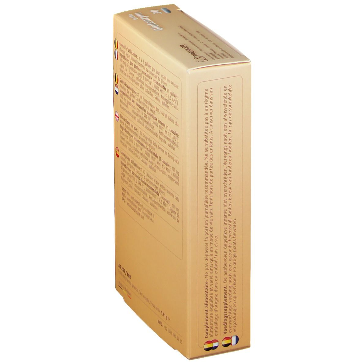 Vue latérale de la boîte Ortho Glutenzym. Texte multilingue. Contient des informations sur l'utilisation et les ingrédients.