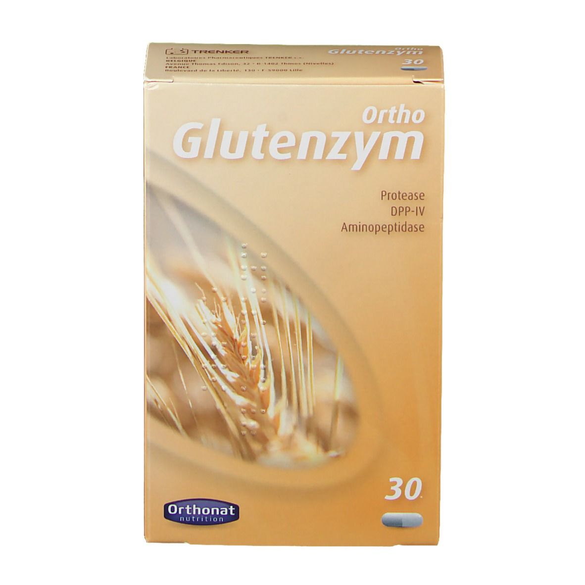 Boîte Ortho Glutenzym. Inscriptions : Protéase, DPP-IV, Aminopeptidase. 30 comprimés. Marque : Ortho Nutrition.