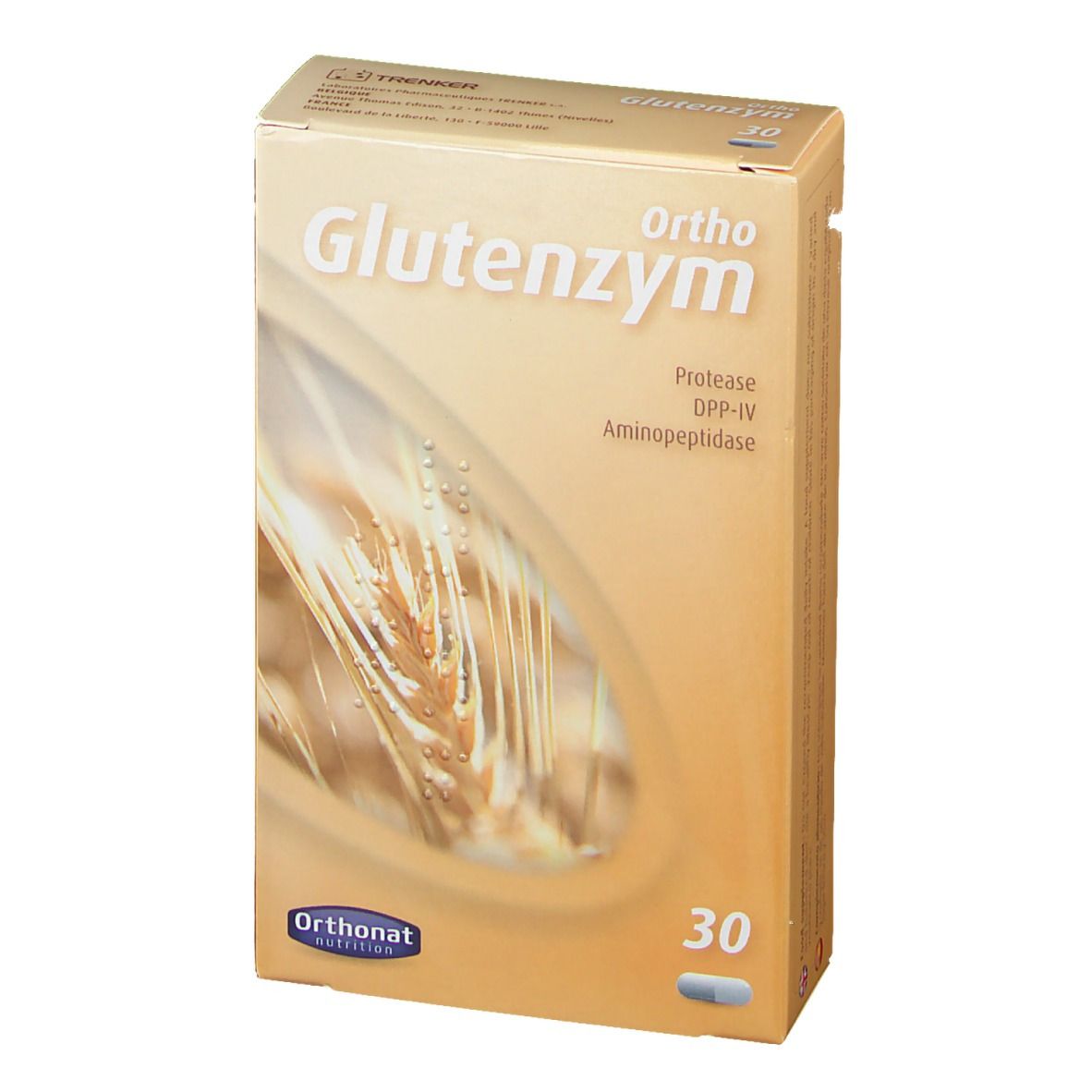 Boîte Ortho Glutenzym. Inscriptions : Protéase, DPP-IV, Aminopeptidase. 30 comprimés. Marque : Ortho Nutrition.