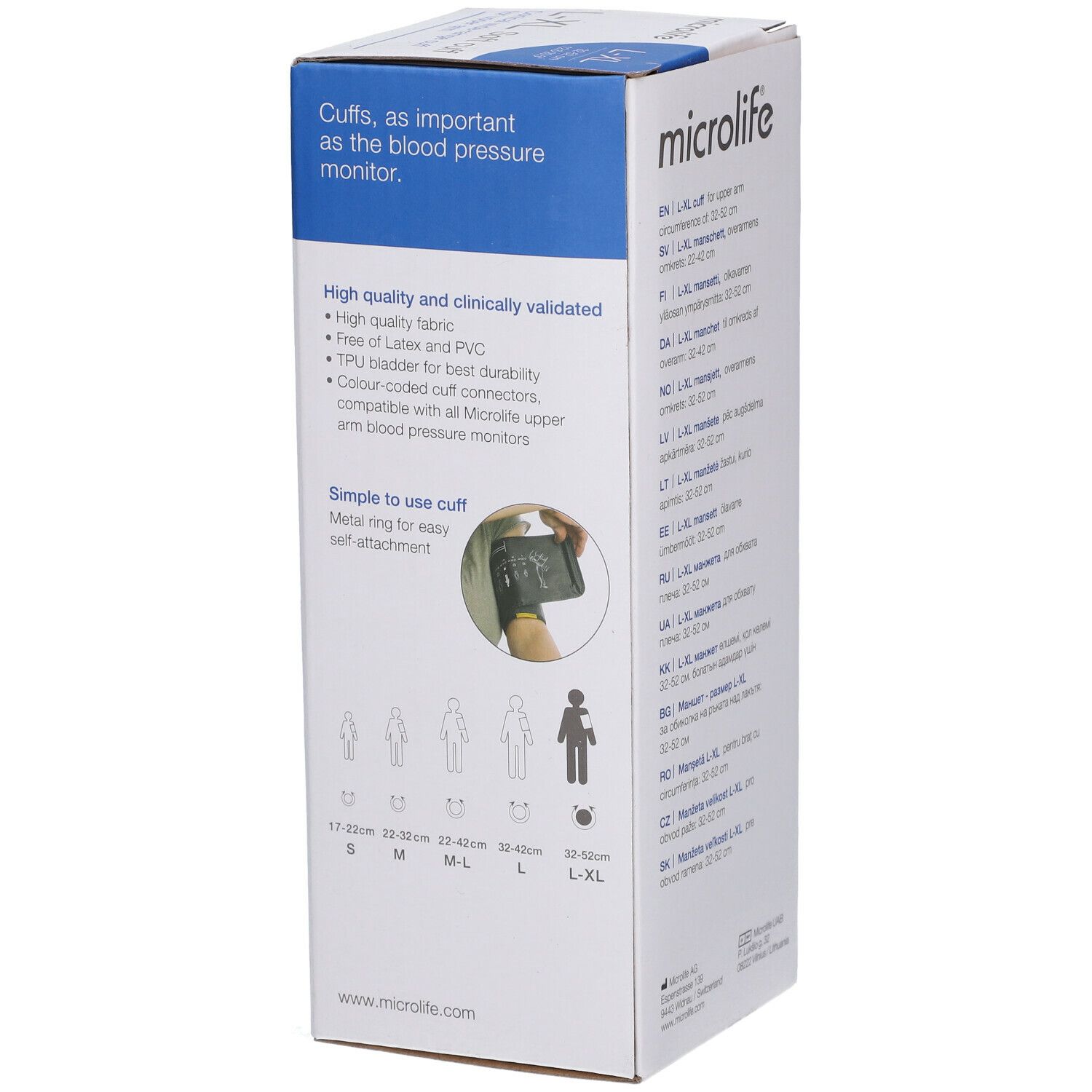 Boîte Microlife L-XL Soft Cuff. Inscriptions : Microlife, L-XL, 32-52 cm. Texte : Cuffs, as important as the blood pressure monitor.