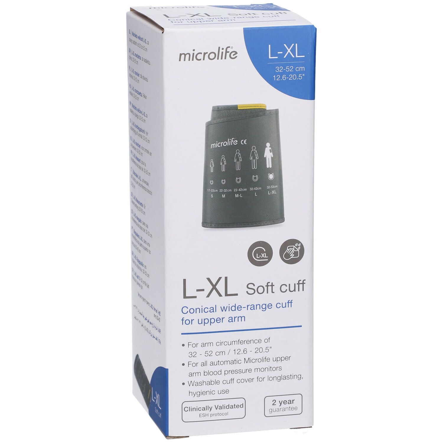 Boîte Microlife L-XL Soft Cuff. Inscriptions : L-XL, 32-52 cm, Soft Cuff, pour le bras, cliniquement validé, garantie 2 ans.