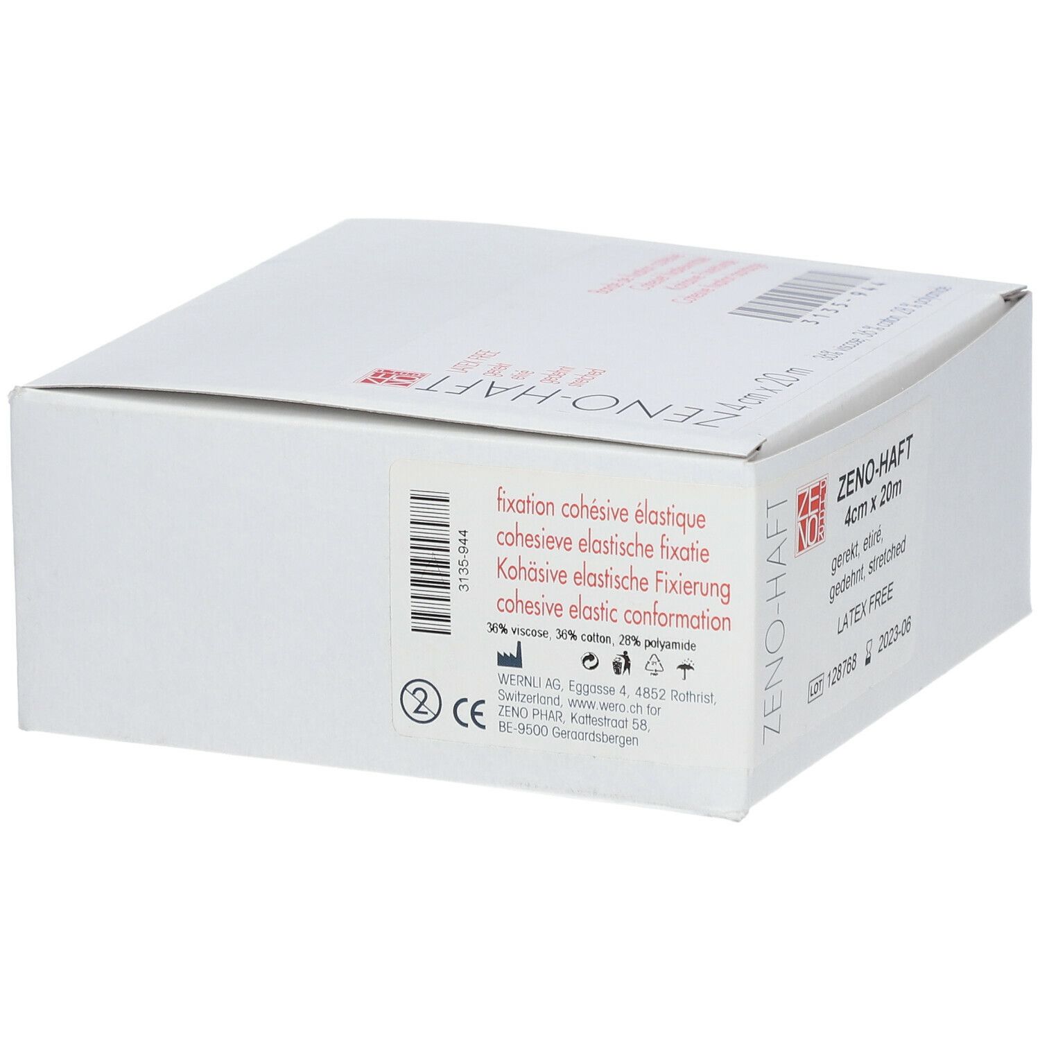 Witte verpakking met opdruk. ZENO-HAFT, 4cm x 20m. Opdruk met ingrediënten en fabrikantinfo.