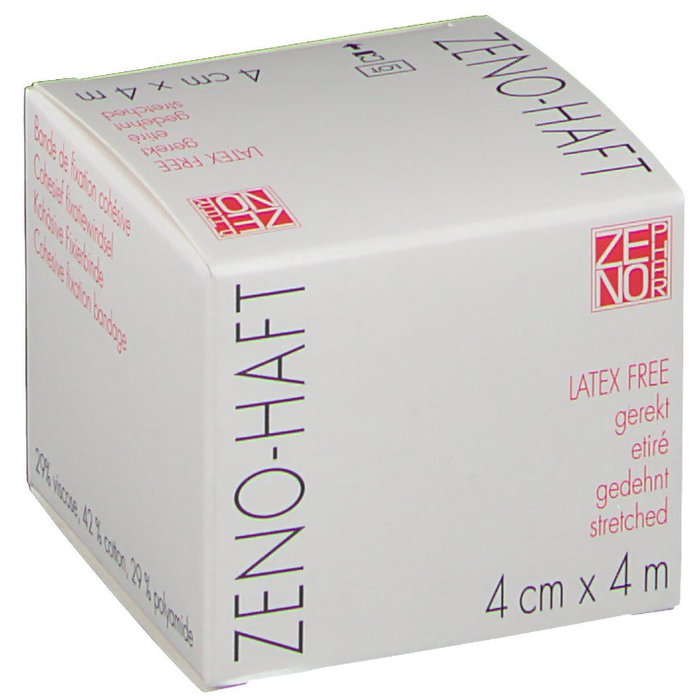 Witte verpakking met ZENO-HAFT logo. Tekst: 4 cm x 4 m, latexvrij, gerekt. Bevat 29% viscose, 42% katoen, 29% polyamide.