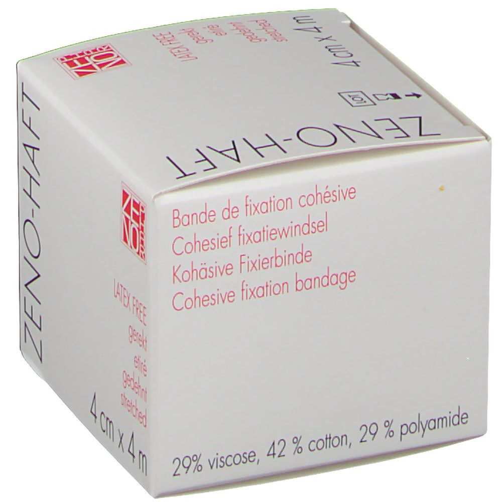 Witte verpakking met ZENO-HAFT logo. Tekst: 4 cm x 4 m, latexvrij, gerekt. Bevat 29% viscose, 42% katoen, 29% polyamide.