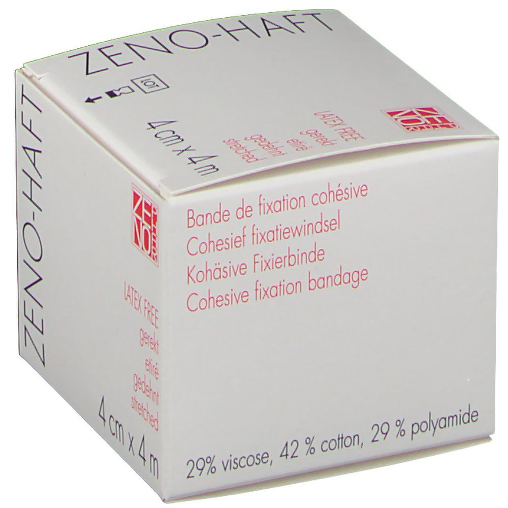 Witte verpakking met ZENO-HAFT logo. Tekst: 4 cm x 4 m, latexvrij, gerekt. Bevat 29% viscose, 42% katoen, 29% polyamide.