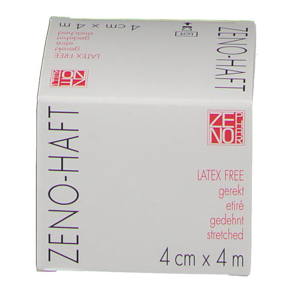 Witte verpakking met ZENO-HAFT logo. Tekst: 4 cm x 4 m, latexvrij, gerekt.