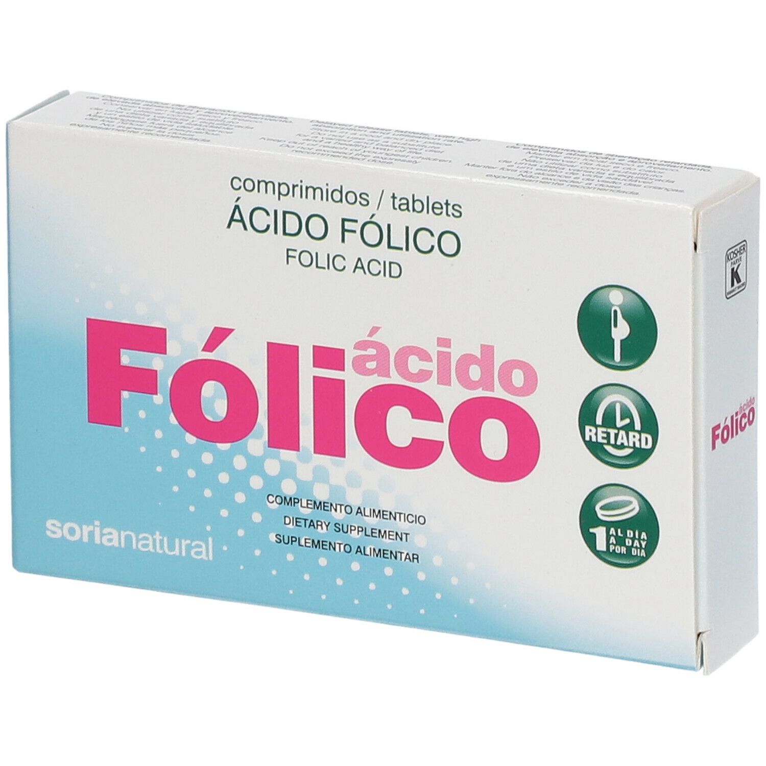 Boîte avec texte rose 'Fólico ácido'. Contient des comprimés. Marque: Soria Natural. Avec symboles verts.