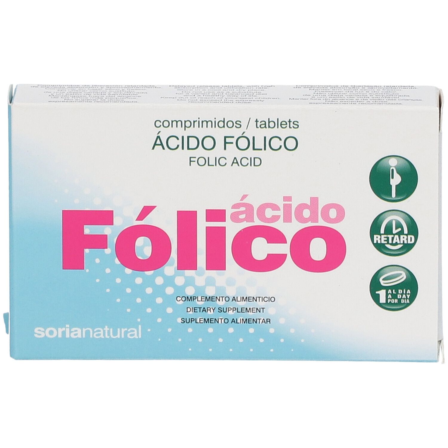 Boîte de comprimés avec texte rose 'Fólico ácido'. Avec symboles verts. Contient des comprimés.