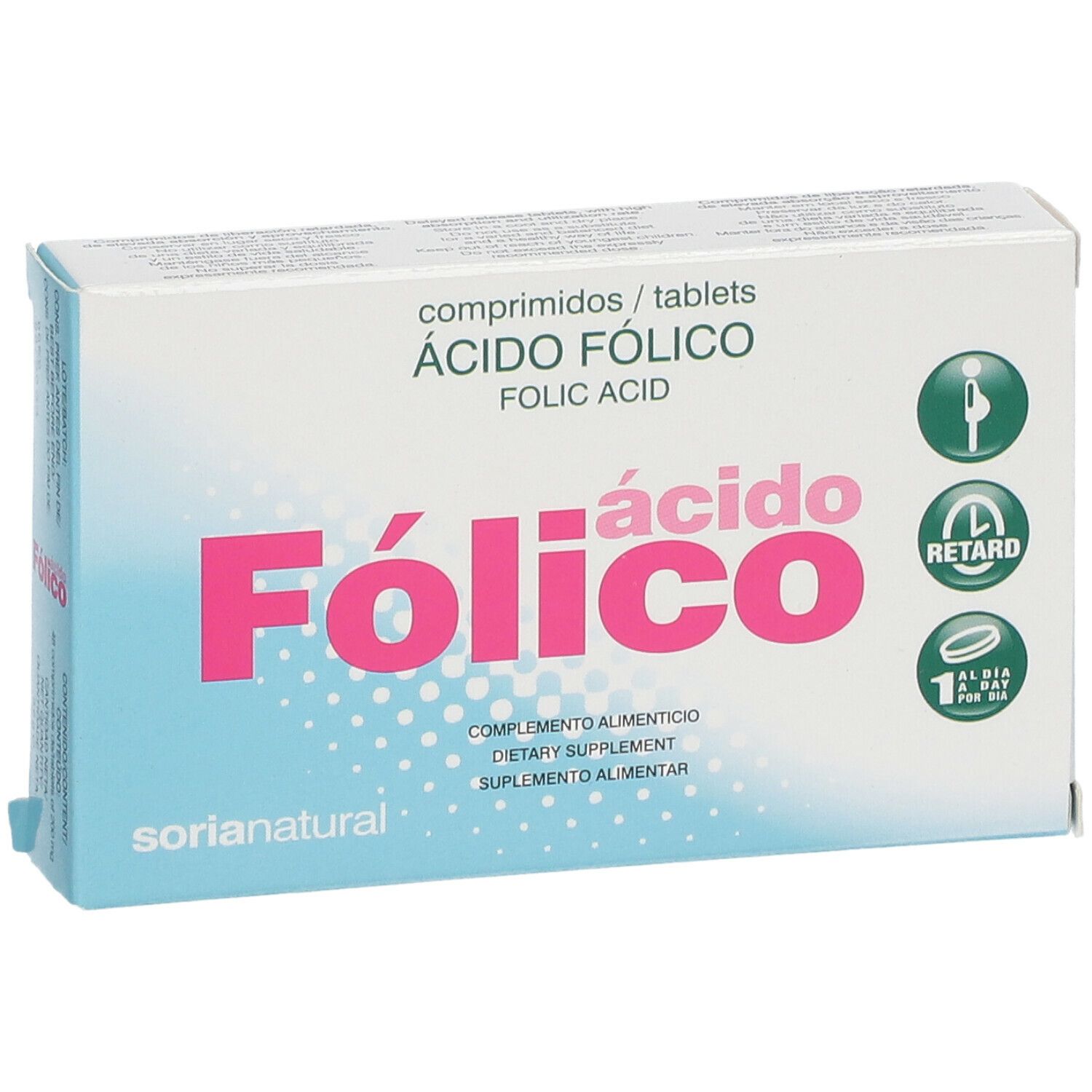 Boîte de comprimés avec texte rose 'Fólico ácido'. Avec symboles verts. Contient des comprimés.