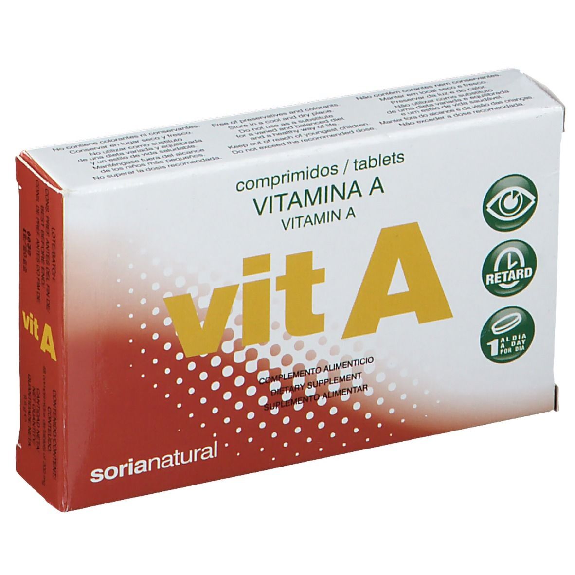 Schachtel mit "vit A"-Tabletten. Aufschrift "Sorianatural". Enthält "Vitamin A".