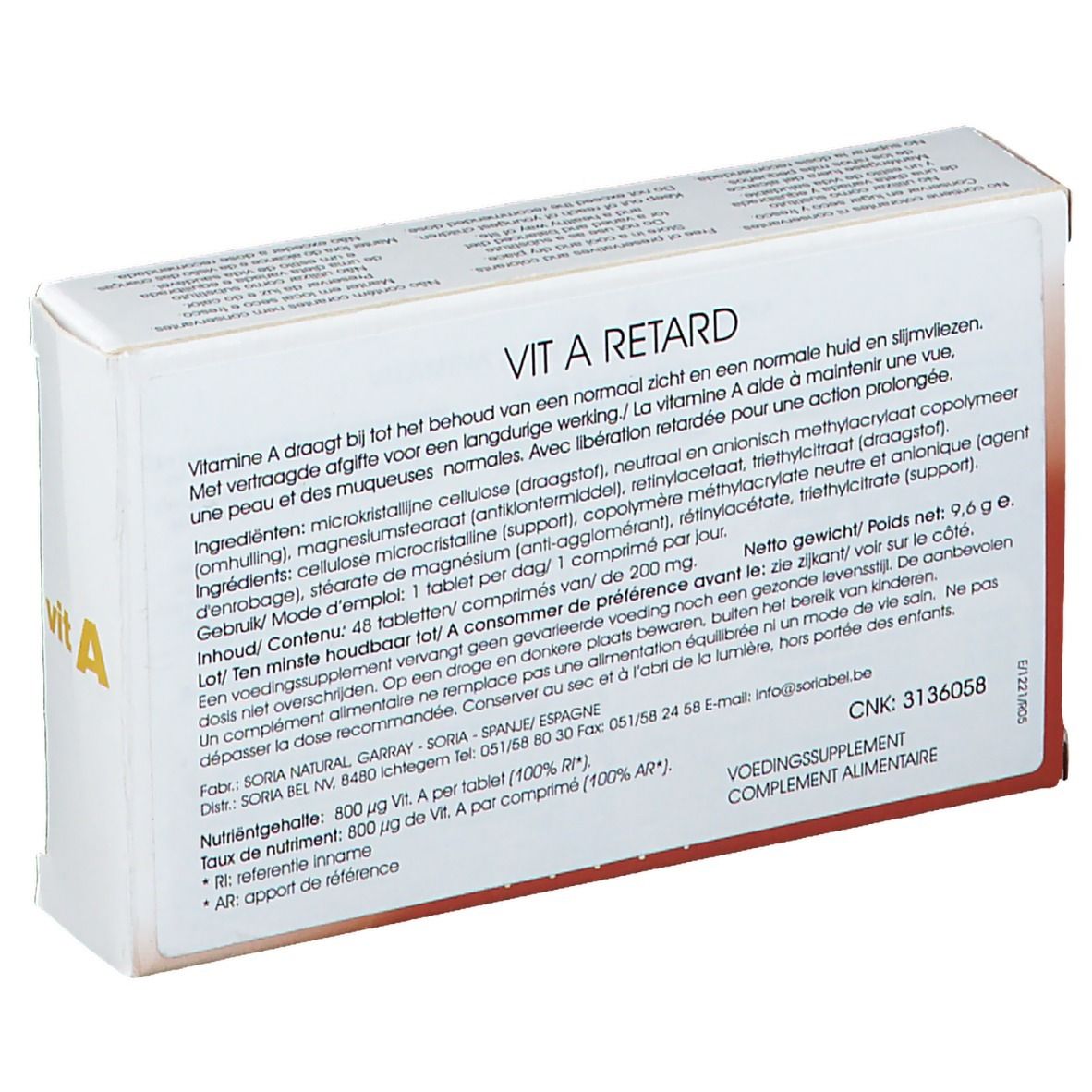Rückseite der "vit A"-Tablettenschachtel. Text in mehreren Sprachen. Enthält Informationen zu Inhaltsstoffen.