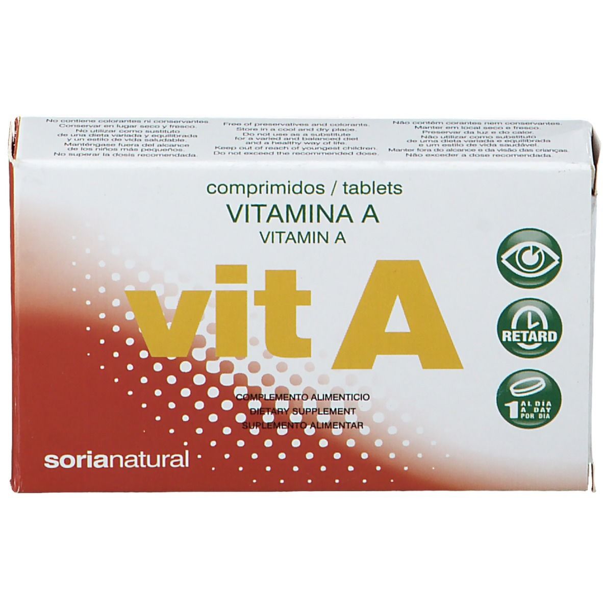 Vorderansicht der "vit A"-Tablettenschachtel. Aufschrift "Vitamin A". Marke "Sorianatural".