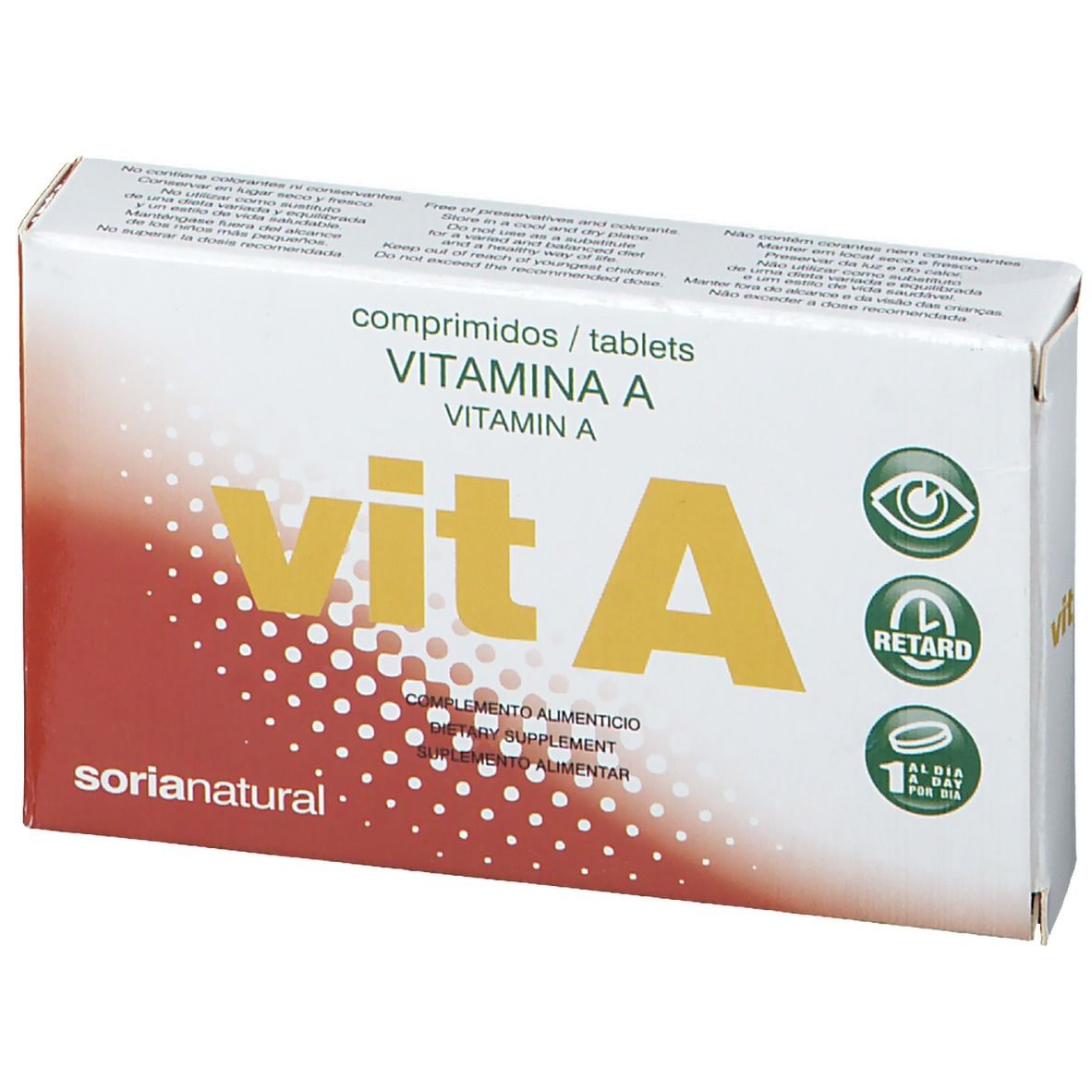 Vorderansicht der "vit A"-Tablettenschachtel. Aufschrift "Vitamin A". Marke "Sorianatural".