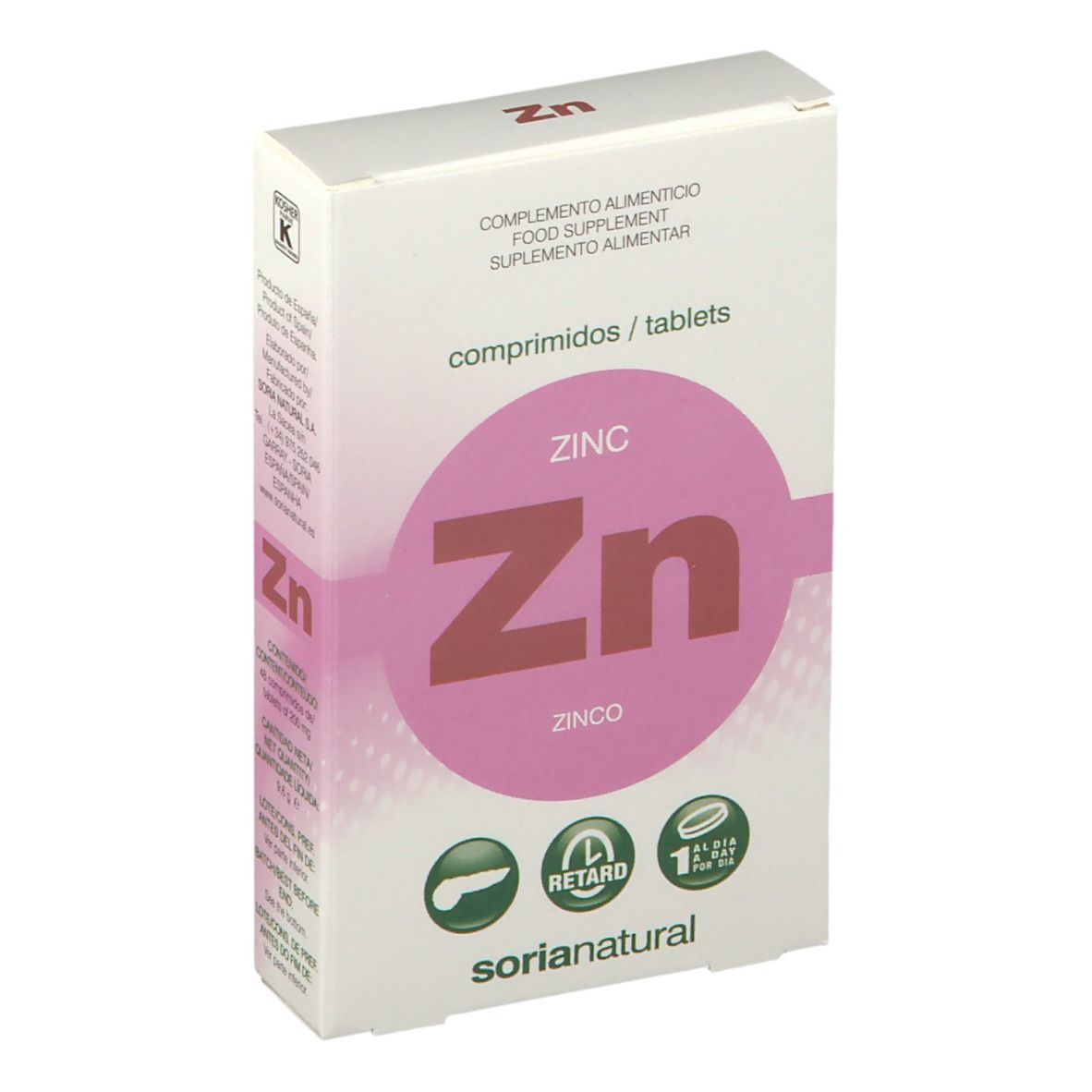 Boîte de comprimés de zinc. Cercle rose avec "Zn" et "ZINC". Logo "Soria Natural" en bas.