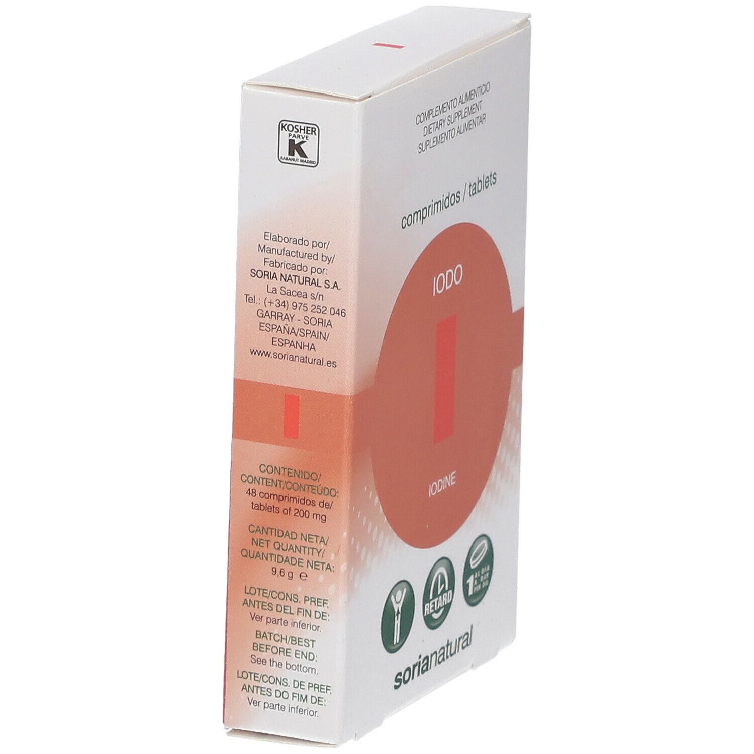 Boîte blanche de comprimés IODO. Sceau "Kosher K". "IODO" et "Iodine" visibles. "sorianatural" en bas.