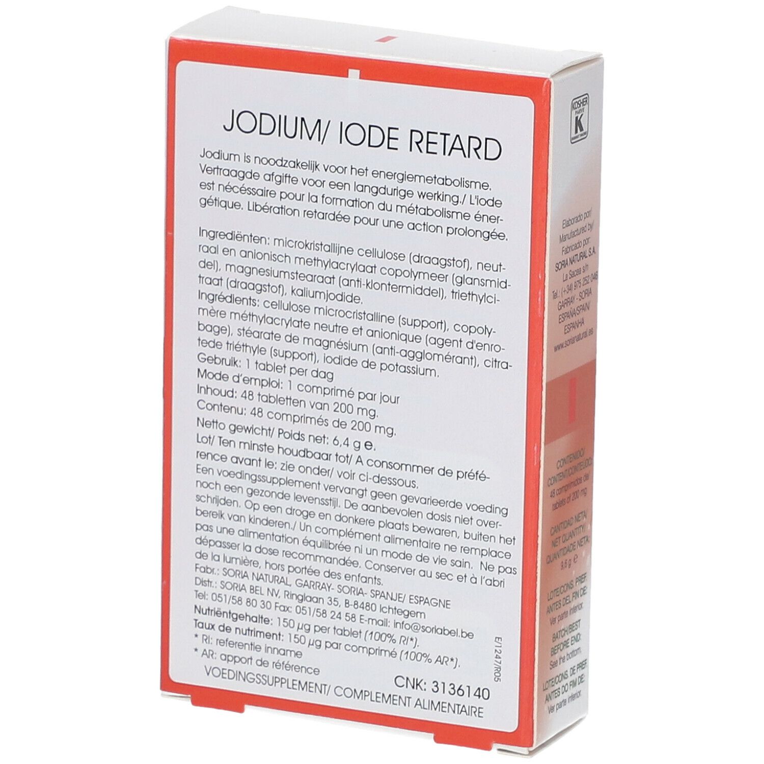 Dos d'une boîte blanche avec texte. Contient des informations sur Jodium/Iode Retard. Informations fabricant visibles.