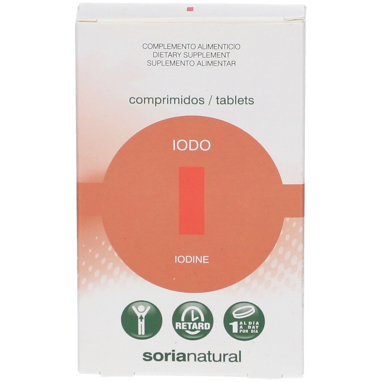 Boîte blanche de comprimés IODO. Cercle orange avec "I" rouge. "Iodine" et "sorianatural" sont visibles.