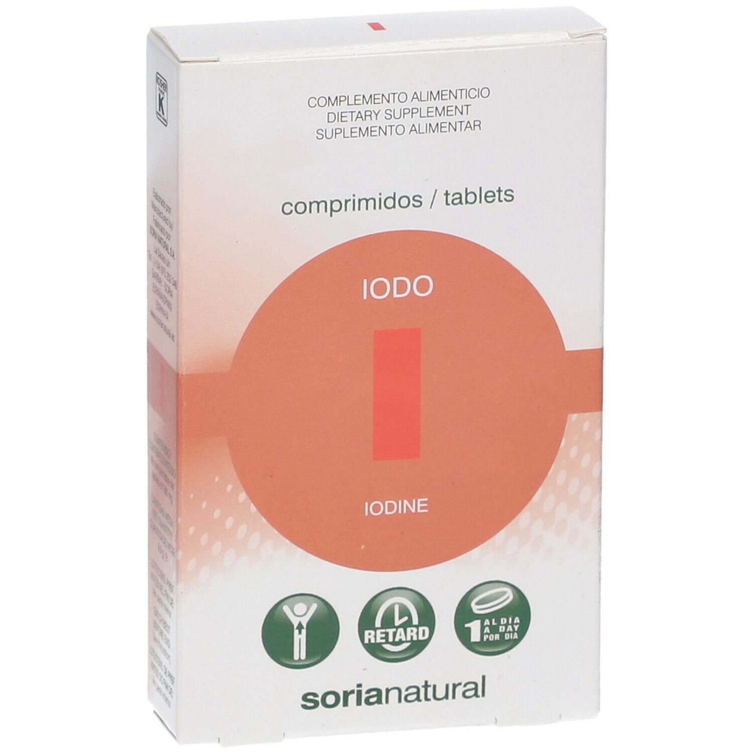 Boîte blanche de comprimés IODO. Cercle orange avec "I" rouge. "Iodine" et "sorianatural" sont visibles.