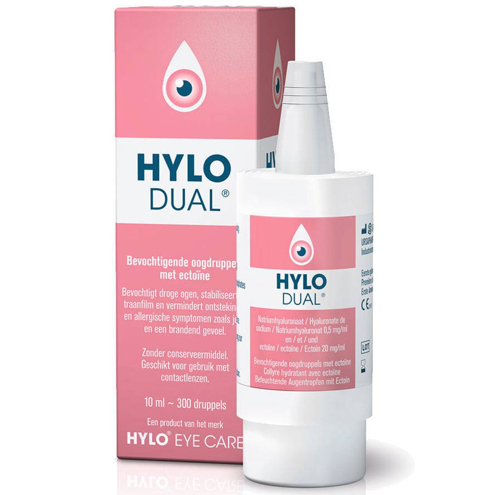 Witte fles en roze verpakking. Opschrift: HYLO DUAL. Bevat ectoïne. 10 ml - 300 druppels. Product van HYLO EYE CARE.