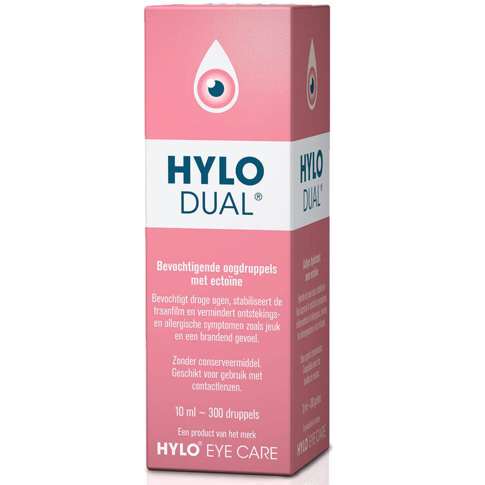 Roze verpakking. Opschrift: HYLO DUAL. Oogmodel. 10 ml - 300 druppels. Product van HYLO EYE CARE.