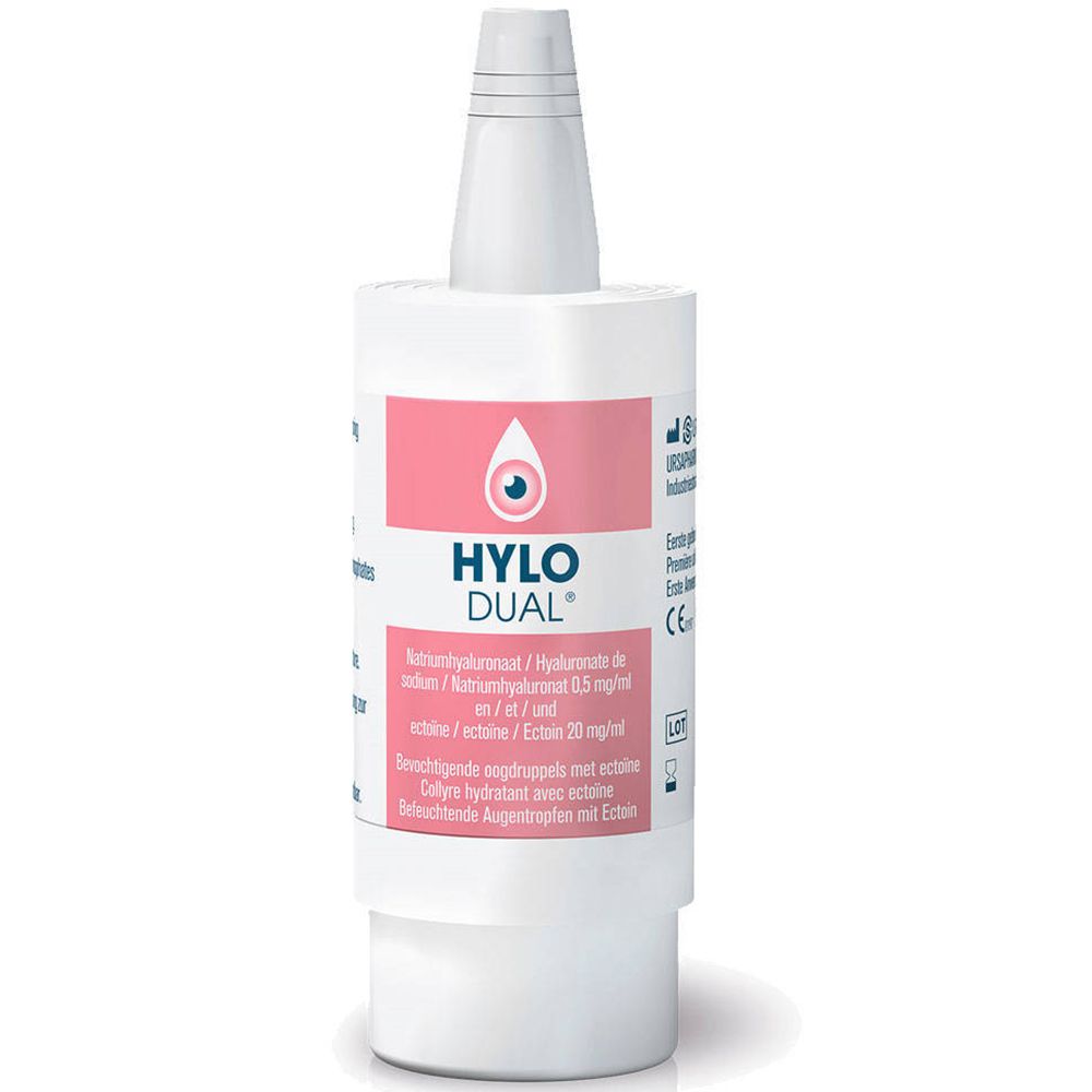 Witte fles. Opschrift: HYLO DUAL. Bevat hyaluronzuur en ectoïne. Houder voor oogdruppels.
