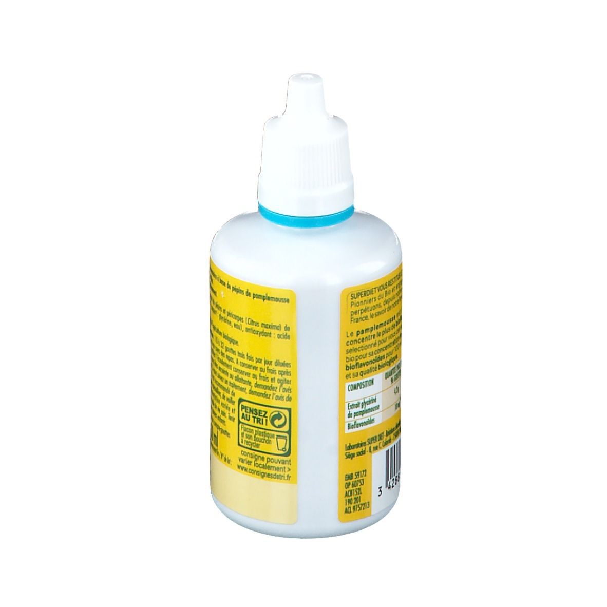 Vue arrière du flacon blanc avec compte-gouttes. Étiquette avec texte et informations nutritionnelles. Label bio.