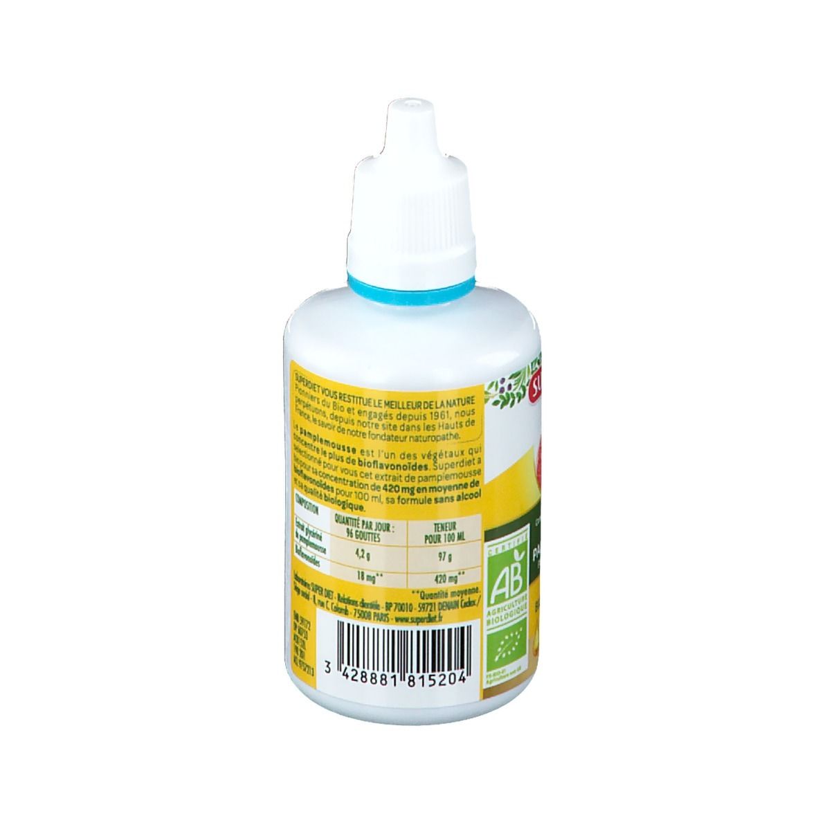 Vue arrière du flacon blanc avec compte-gouttes. Étiquette avec texte et informations nutritionnelles. Label bio.
