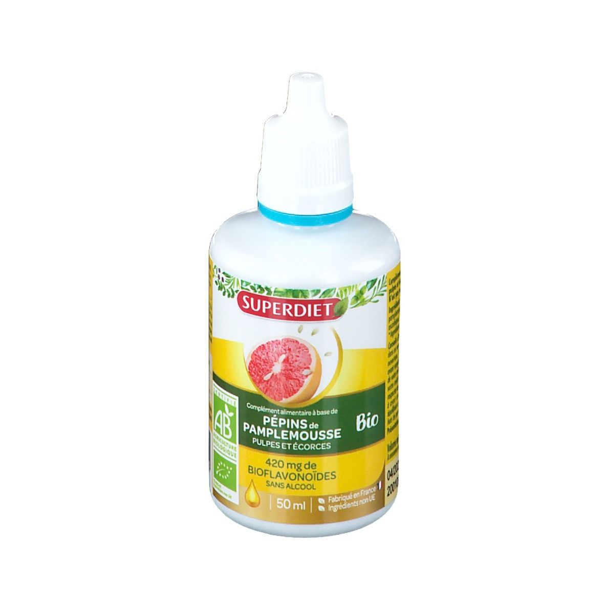 Flacon blanc avec compte-gouttes. Étiquette avec nom du produit, illustration de pamplemousse et label bio. 50 ml.