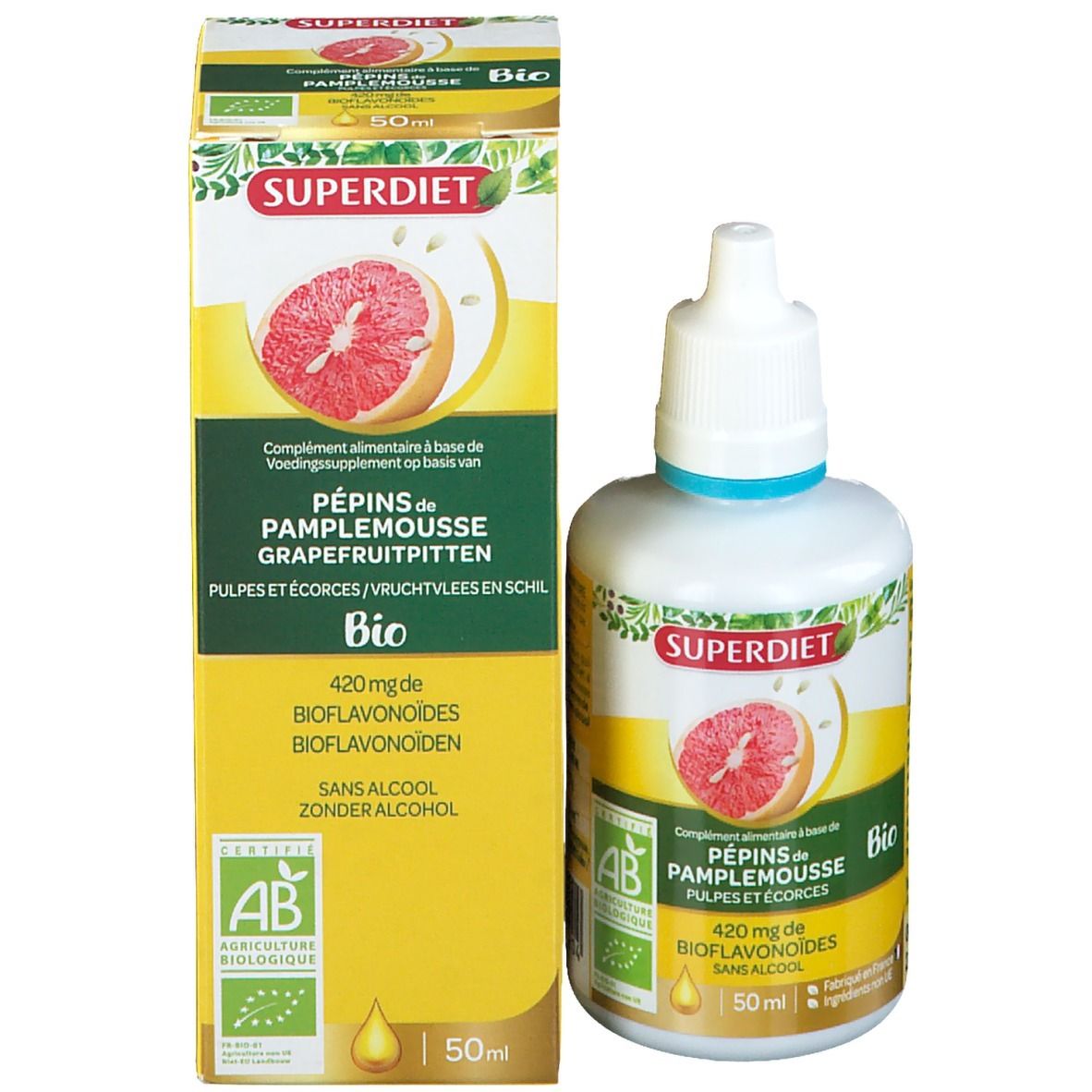 Flacon et emballage. Flacon blanc avec compte-gouttes et emballage jaune. Nom du produit, illustration de pamplemousse, label bio.