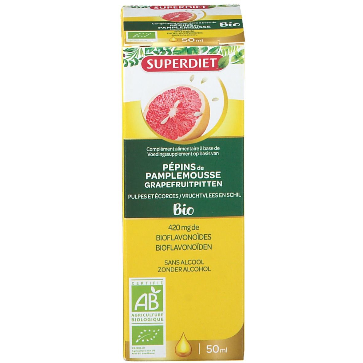 Emballage jaune avec informations produit. Nom du produit, illustration de pamplemousse, label bio. 50 ml.