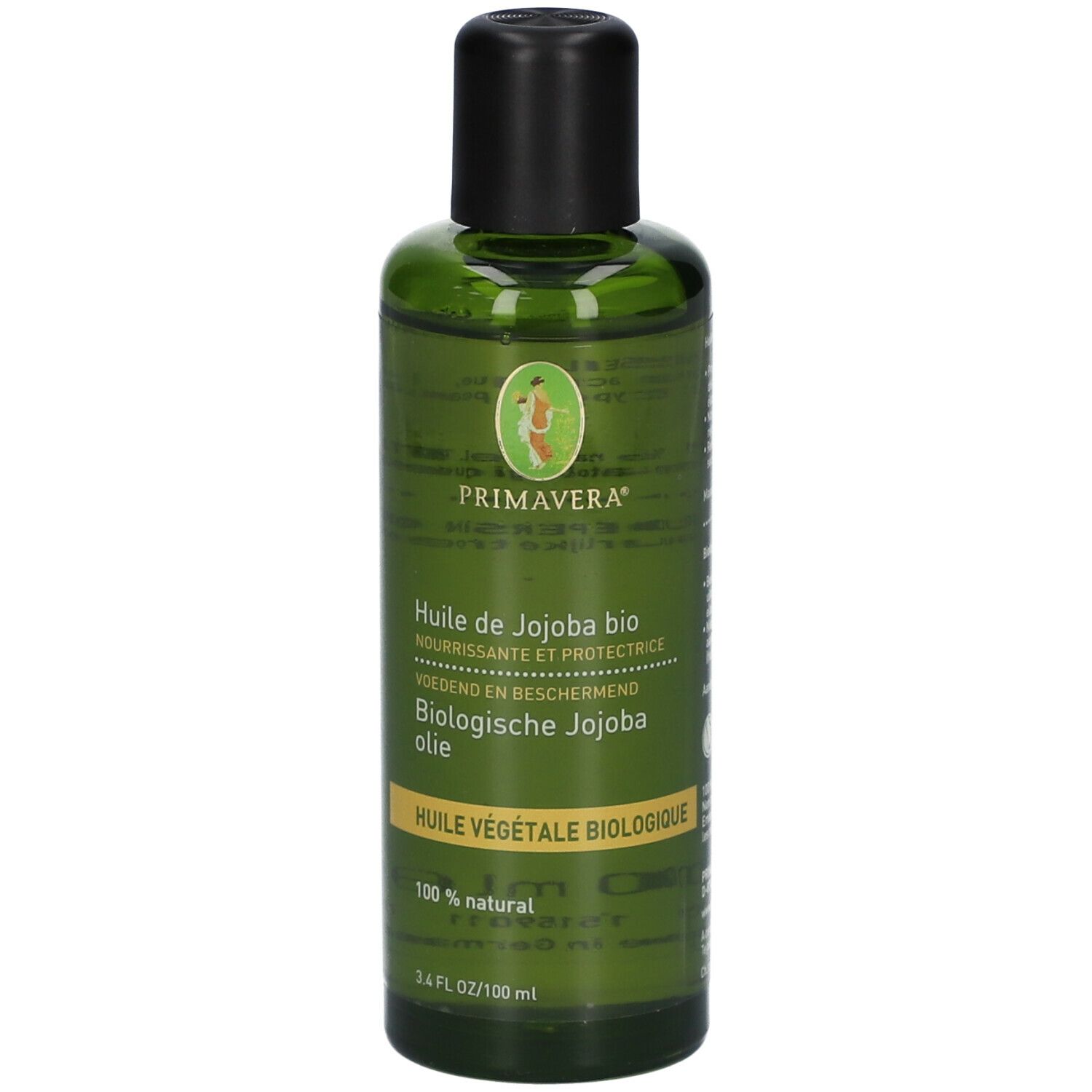Flacon en verre vert avec bouchon noir. Inscription: PRIMAVERA, Huile de Jojoba bio, 100% naturel. 3.4 FL OZ/100 ml.