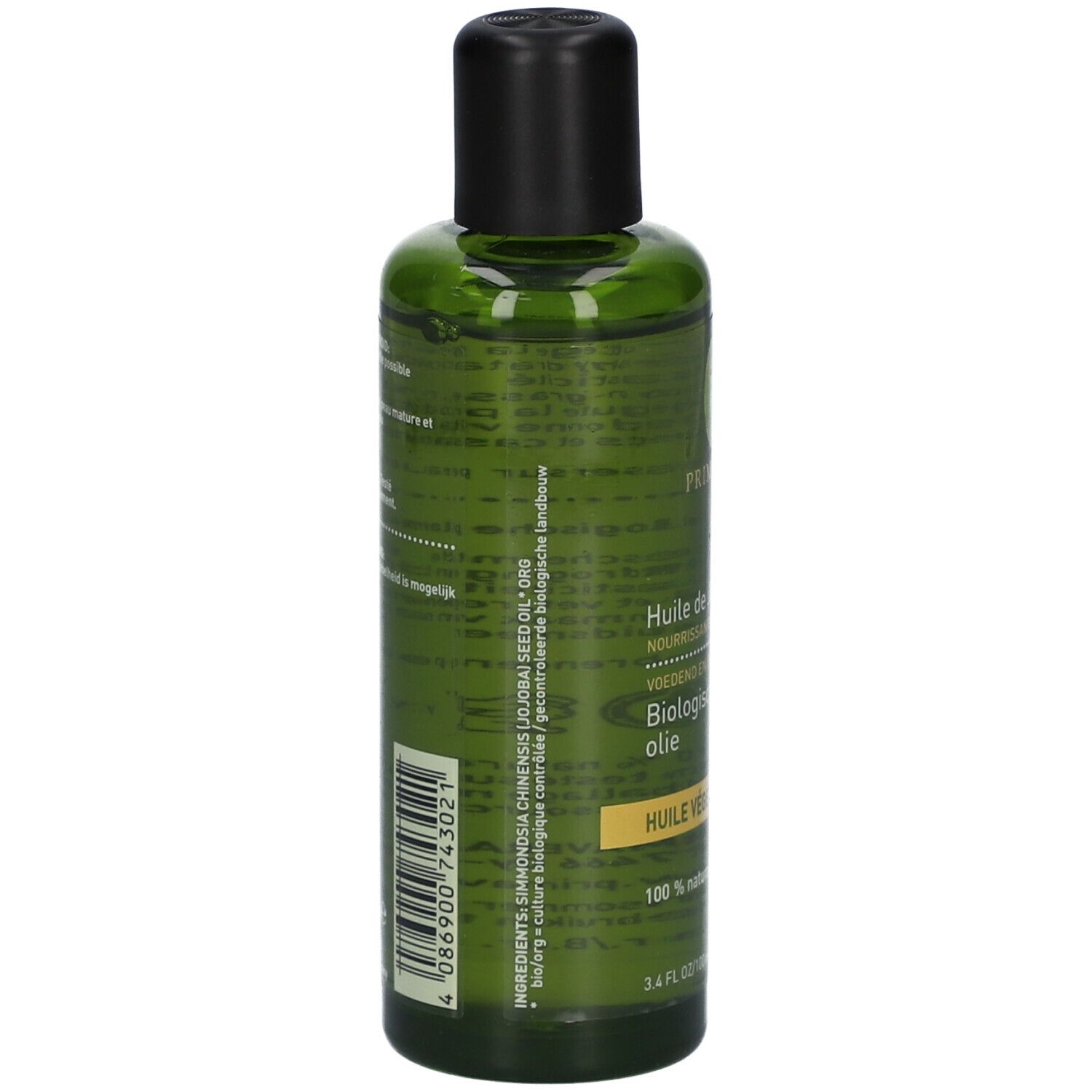 Dos du flacon en verre vert. Inscription: Ingrédients, biologique Jojoba olie, 100% naturel. Code-barres.