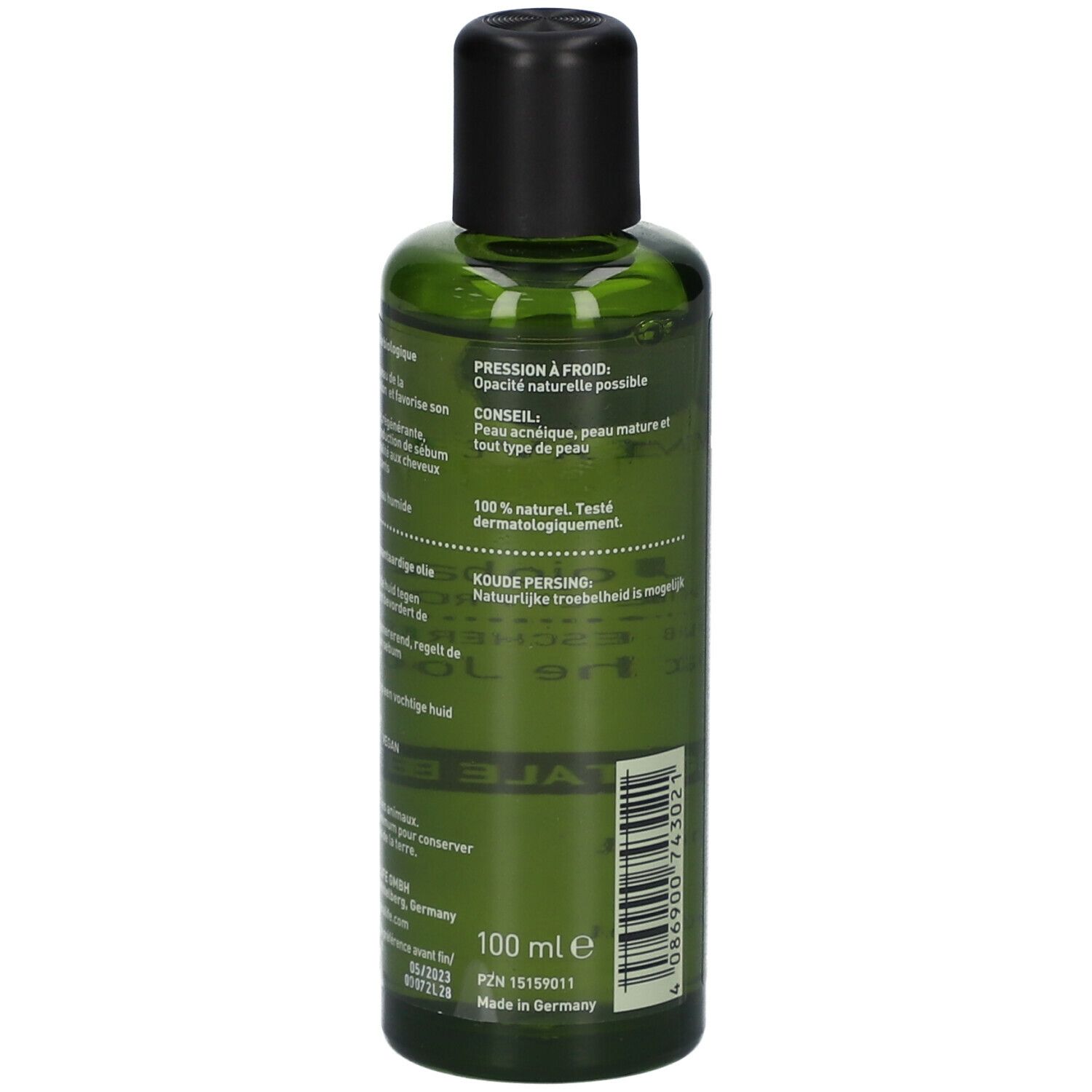 Flacon en verre vert avec bouchon noir. Inscription: 100 ml e, Pression à froid, 100% naturel, Testé dermatologiquement.