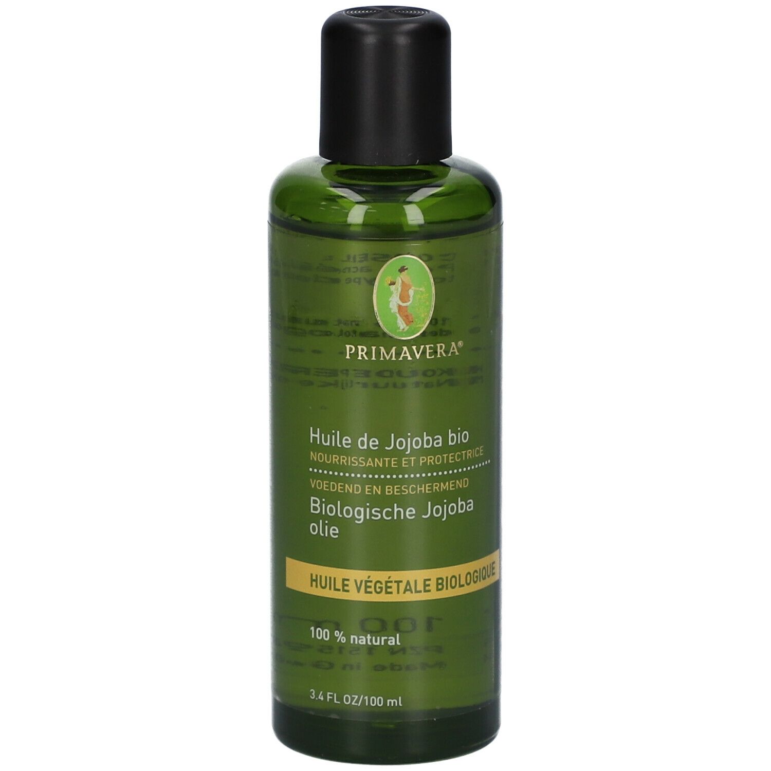 Flacon en verre vert avec bouchon noir. Inscription: PRIMAVERA, Huile de Jojoba bio, 100% naturel. 3.4 FL OZ/100 ml.