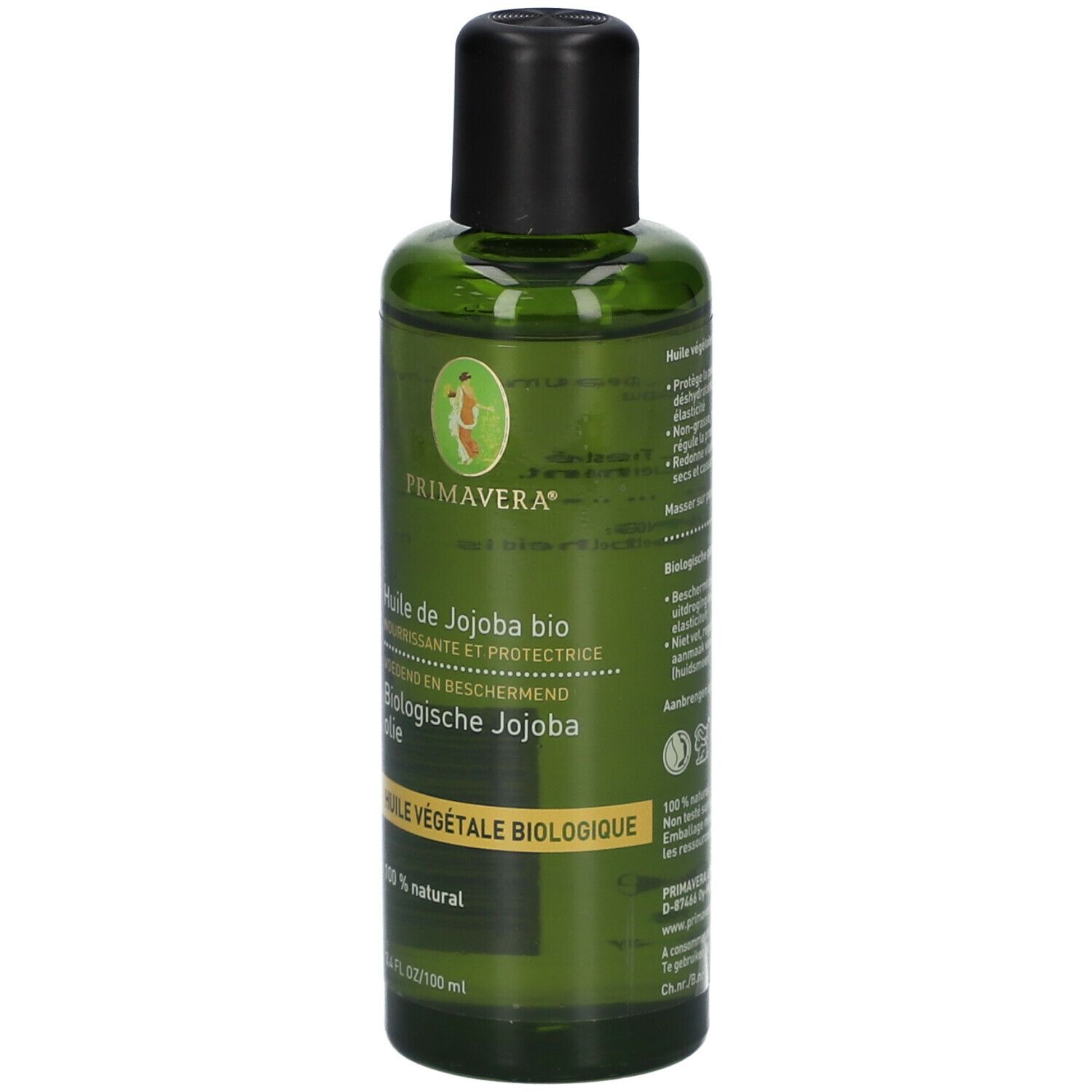 Flacon en verre vert avec bouchon noir. Inscription: PRIMAVERA, Huile de Jojoba bio, 100% naturel. 3.4 FL OZ/100 ml.