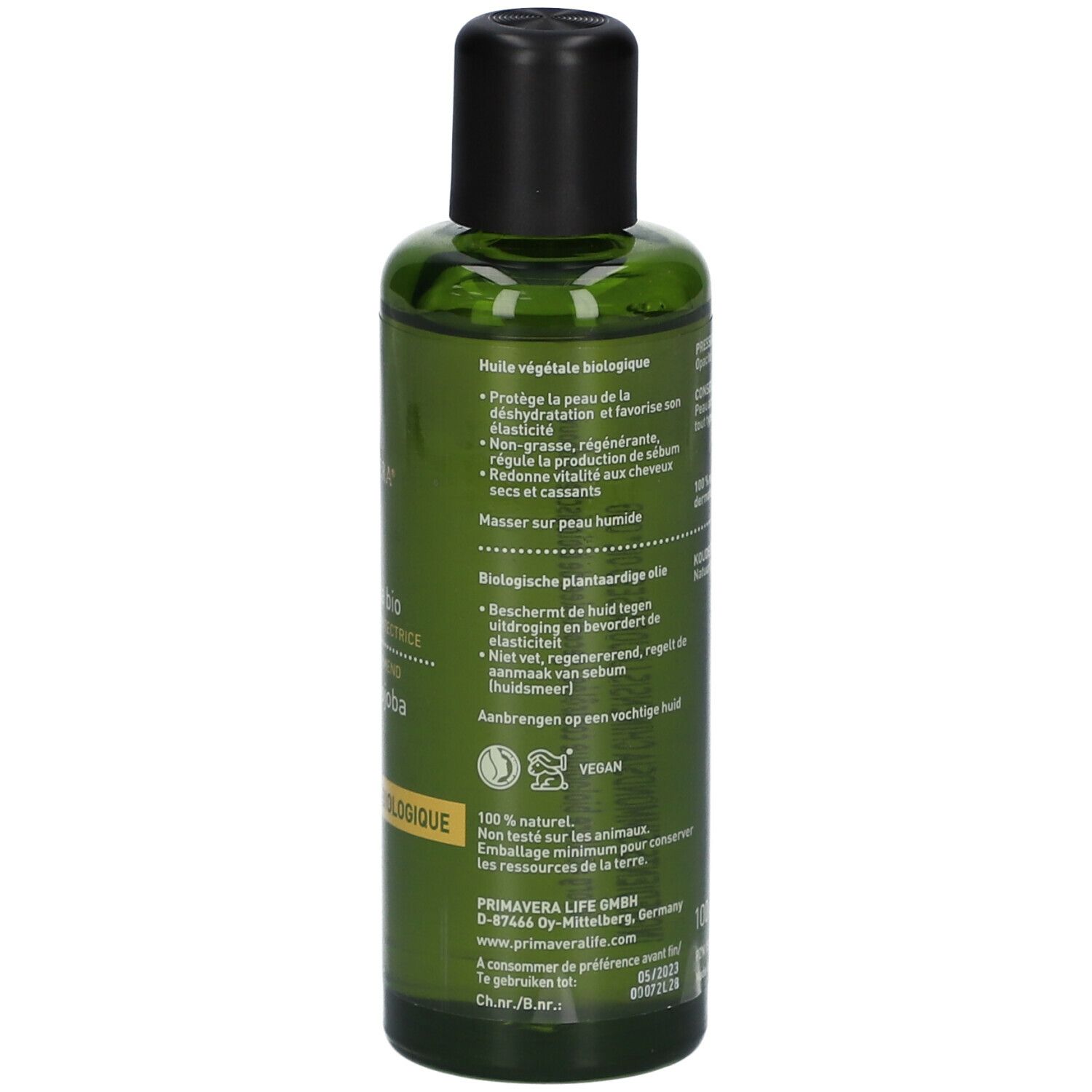 Flacon en verre vert avec bouchon noir. Inscription: Huile végétale biologique, vegan, 100% naturel. www.primaveralife.com.