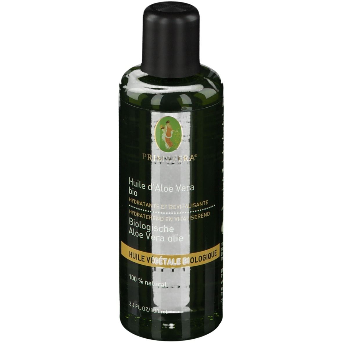 Flacon vert avec bouchon noir. Étiquette avec nom du produit et logo. Texte: Huile d'Aloe Vera bio, 100% naturel.