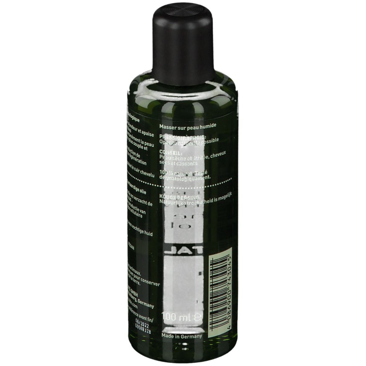 Dos d'un flacon vert avec bouchon noir. Étiquette avec texte et code-barres. Volume: 100 ml.