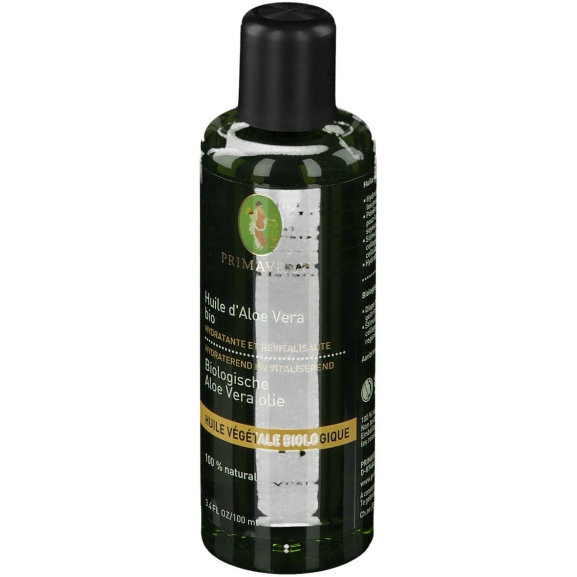 Flacon vert avec bouchon noir. Étiquette avec nom du produit et logo. Texte: Huile d'Aloe Vera bio, 100% naturel.