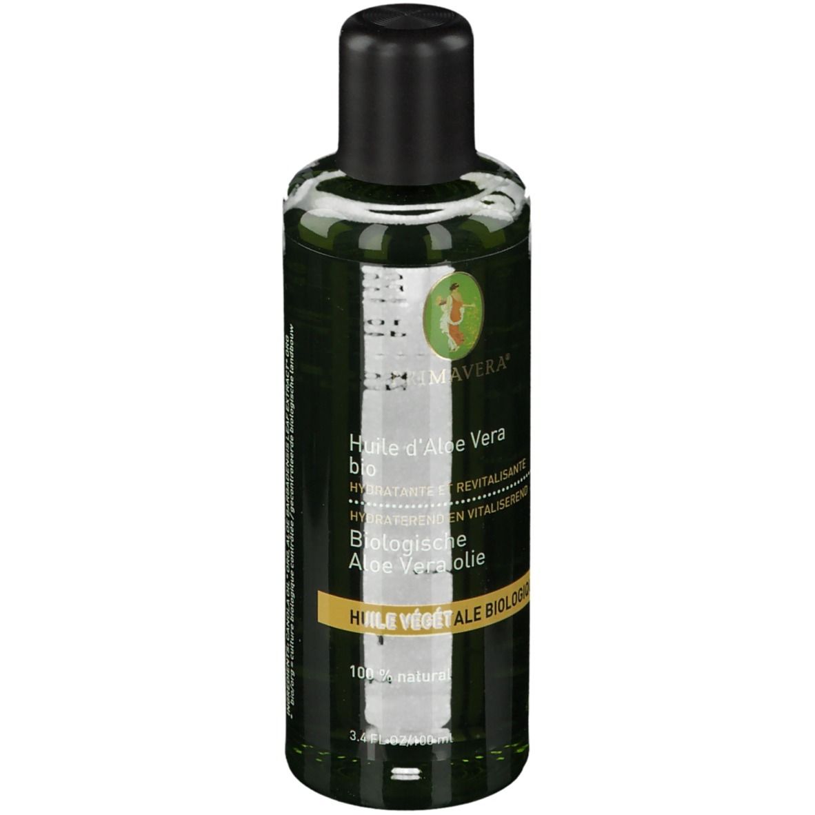 Flacon vert avec bouchon noir. Étiquette avec nom du produit et logo. Texte: Huile d'Aloe Vera bio, 100% naturel.