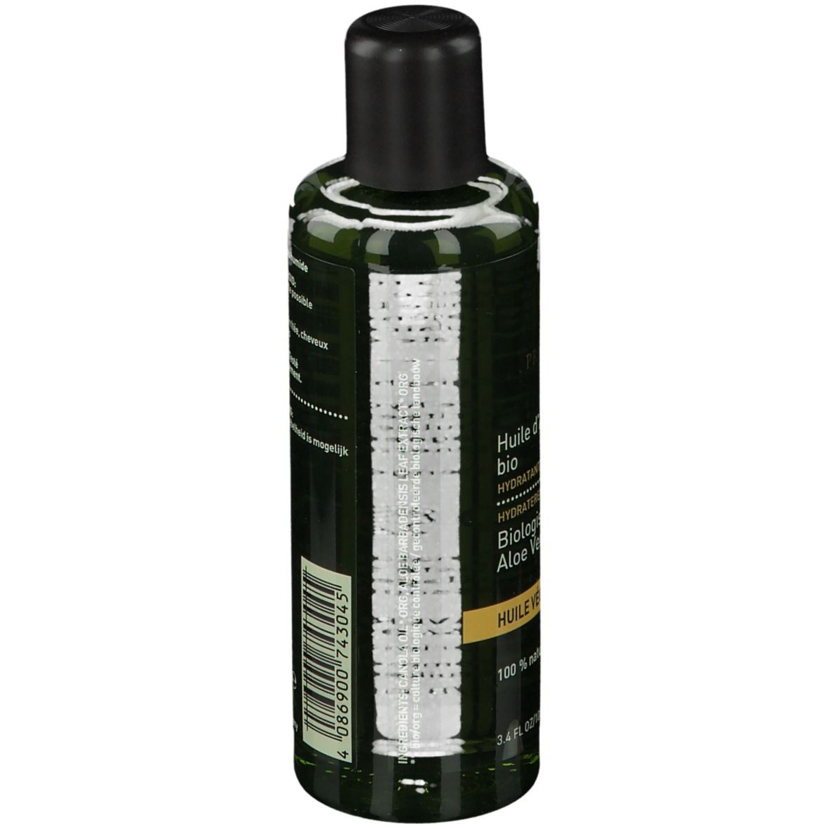 Dos d'un flacon vert avec bouchon noir. Étiquette avec texte et code-barres. Volume: 100 ml.
