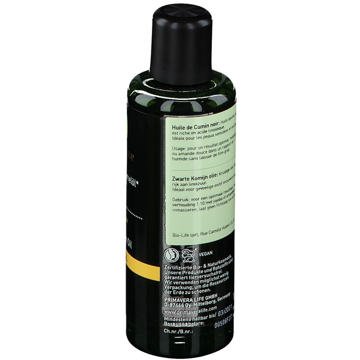 Flacon vert avec bouchon noir. Informations produit. Label vegan.