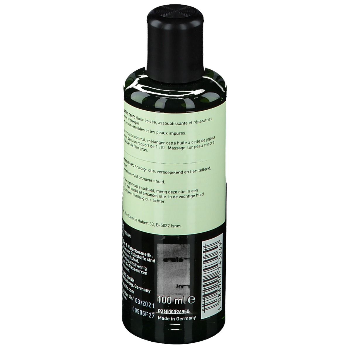 Flacon vert avec bouchon noir. Étiquette produit avec texte. 100 ml.