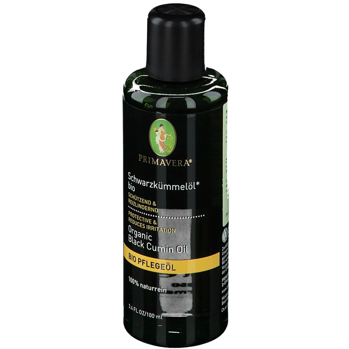 Flacon vert avec bouchon noir. Étiquette avec logo et texte: Schwarzkümmelöl bio.