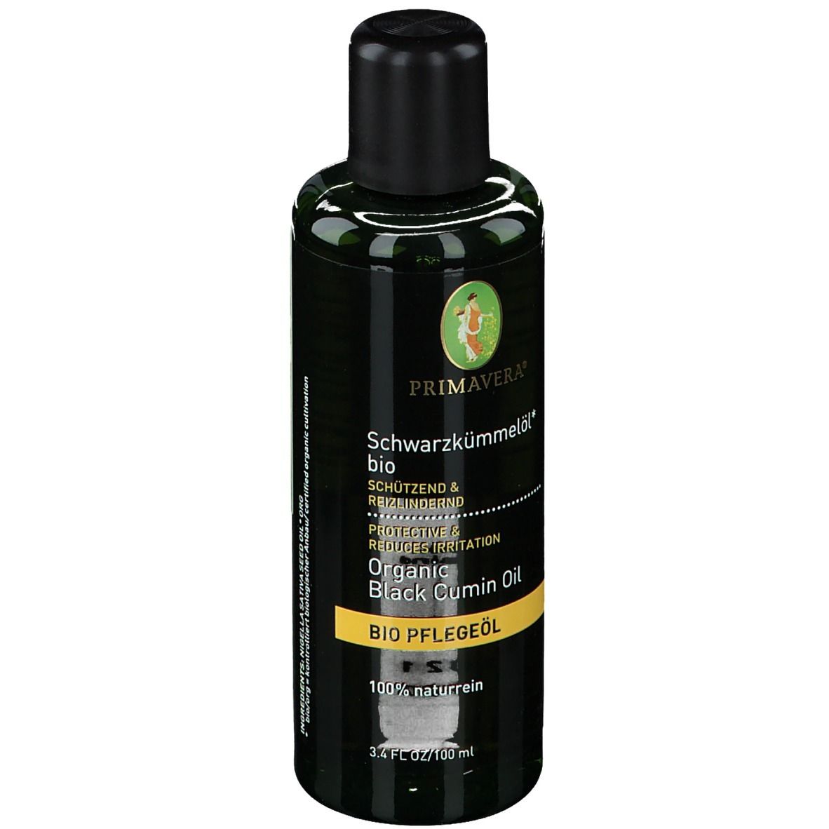 Flacon vert avec bouchon noir. Étiquette avec logo et texte: Schwarzkümmelöl bio.