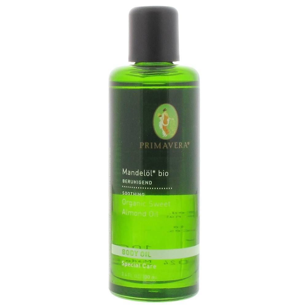 Flacon vert avec bouchon noir. Inscription : PRIMAVERA, Mandelöl bio, apaisant, Organic Sweet Almond Oil, Body Oil.