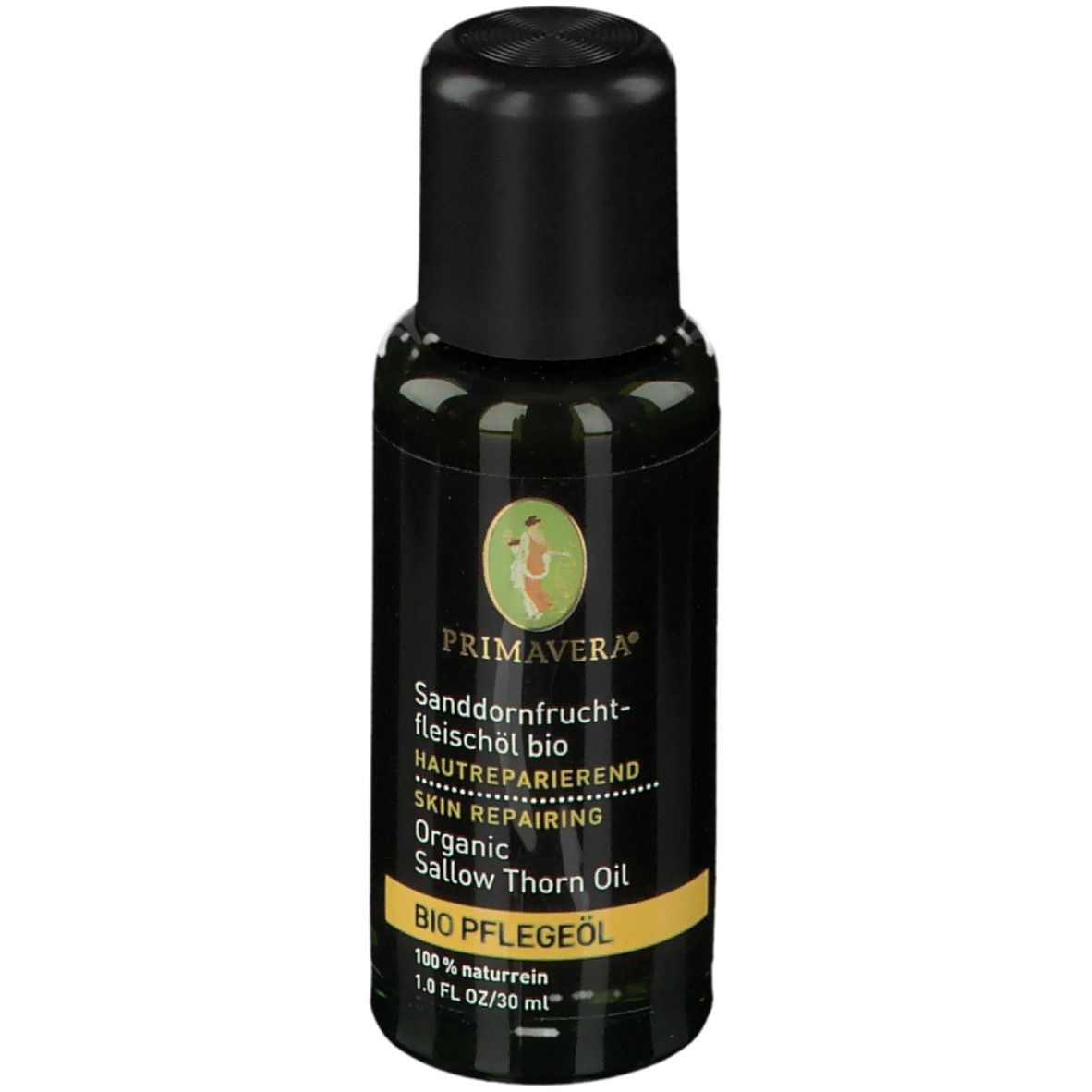 Flacon noir d'huile de PRIMAVERA® Bio-Sanddorn. Étiquette avec nom du produit et logo. Bouchon noir.