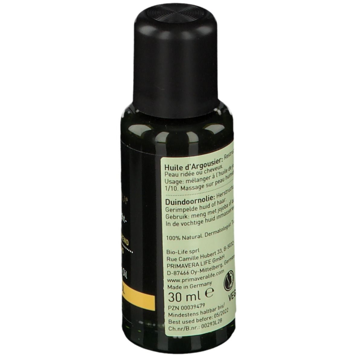 Dos du flacon d'huile PRIMAVERA® Bio-Sanddorn. Texte en allemand, français et néerlandais. 30 ml.
