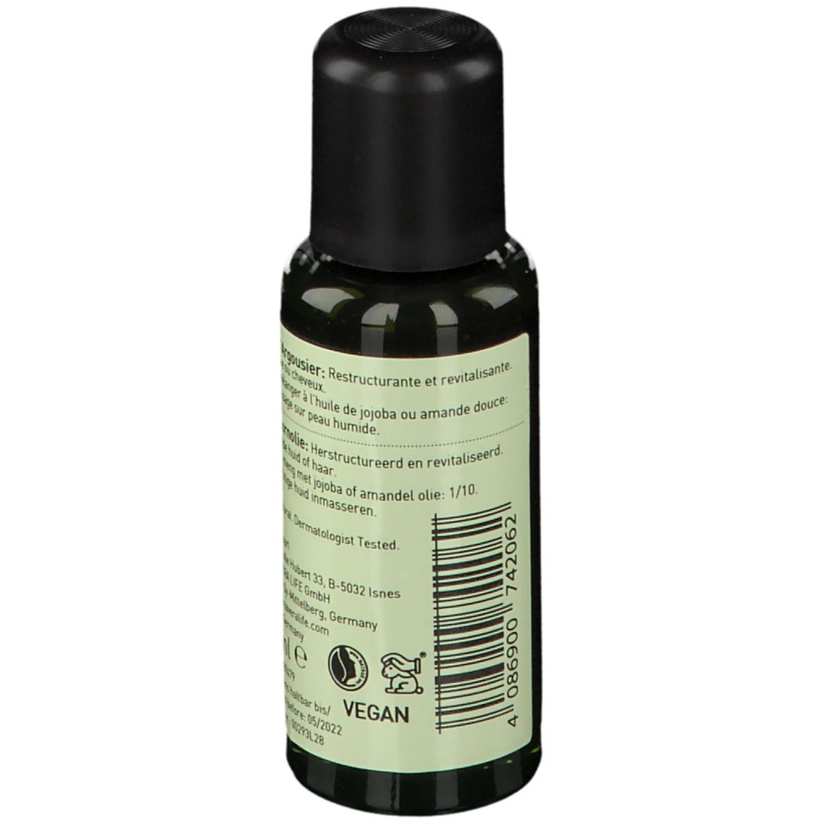 Dos du flacon d'huile PRIMAVERA® Bio-Sanddorn. Texte en français et néerlandais. Logo végan.