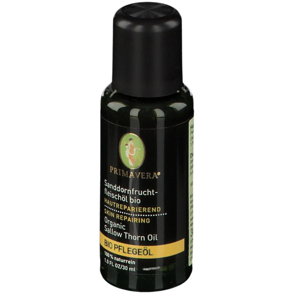 Flacon noir d'huile de PRIMAVERA® Bio-Sanddorn. Étiquette avec nom du produit et logo. Bouchon noir.